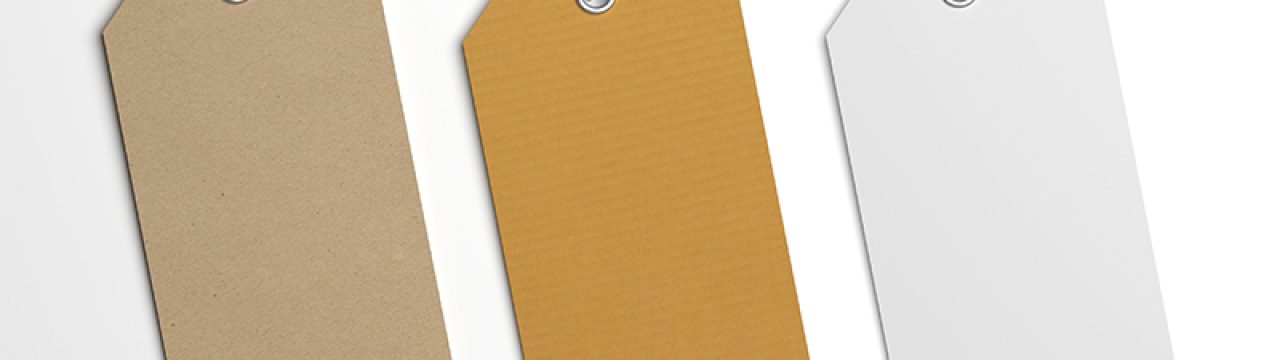 Collection of various price or brand label hang tags. 3D illustration blank mockup with paper texture.